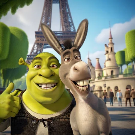 cinematic photo a smiling donkey take a selfie with shrek in front of the effeil tower <lora:Donkey1024:0.8> . 35mm photograph, film, bokeh, professional, 4k, highly detailed