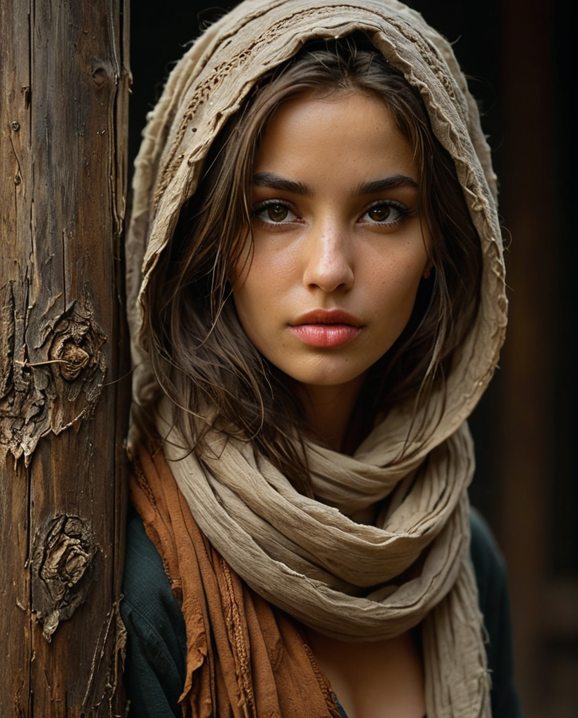 Full-length profile portrait of a girl with Arab features, with a wide, thin hood, loose hair, strands of hair covering the eyes and face, parted lips, full lips, perfect and hyper-detailed eyes, loose and messy brown hair, hood wide felt, scarf around the neck, earrings, looking from behind a wooden post, black background (Steve McCurry and Annie Leibovitz style, Helmut Newton), earthy tones, sensuality, desire, side lighting, Rembrandt lighting, very high contrast , hard shadows, photo quality, 4K, blur <lora:PerfectEyesXL:1>