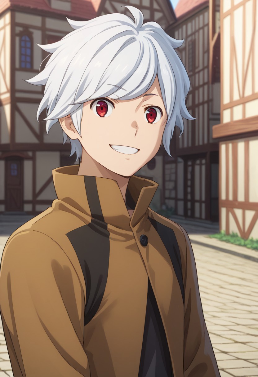 score_9, score_7_up, source_anime 
belcranel, 1boy, male focus, solo, white hair, red eyes, multicolored clothes, multicolored jacket, jacket, brown jacket, black jacket, upper body, smile, grin,
outdoor, village, medieval,