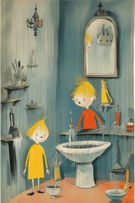 <lora:Tove Jansson Style:1>Tove Jansson Style - illustration by Ludwig Bemelmans, a child washes and brushes teeth