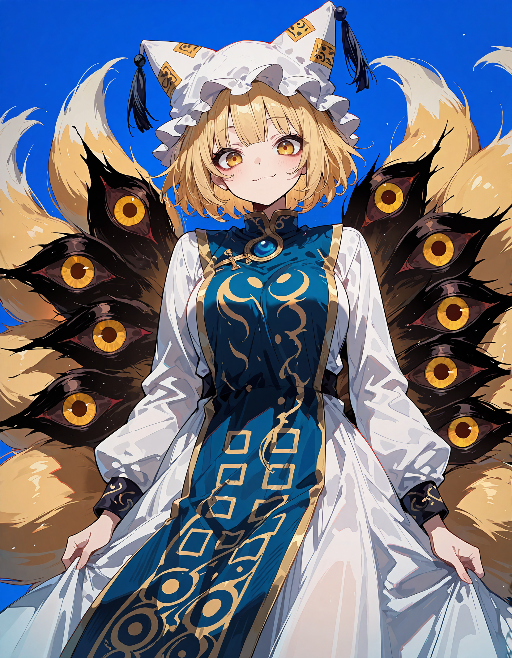 masterpiece, newest, incredibly absurdres, highres,  <lora:3Y3S_style:1>,3Y3S_illu,extra eyes, 1girl, solo, blonde hair, hat, fox tail, tail, multiple tails, short hair, dress, white dress, pillow hat, looking at viewer, smile, yellow eyes, blue background, tabard, long sleeves, white headwear, simple background, bangs