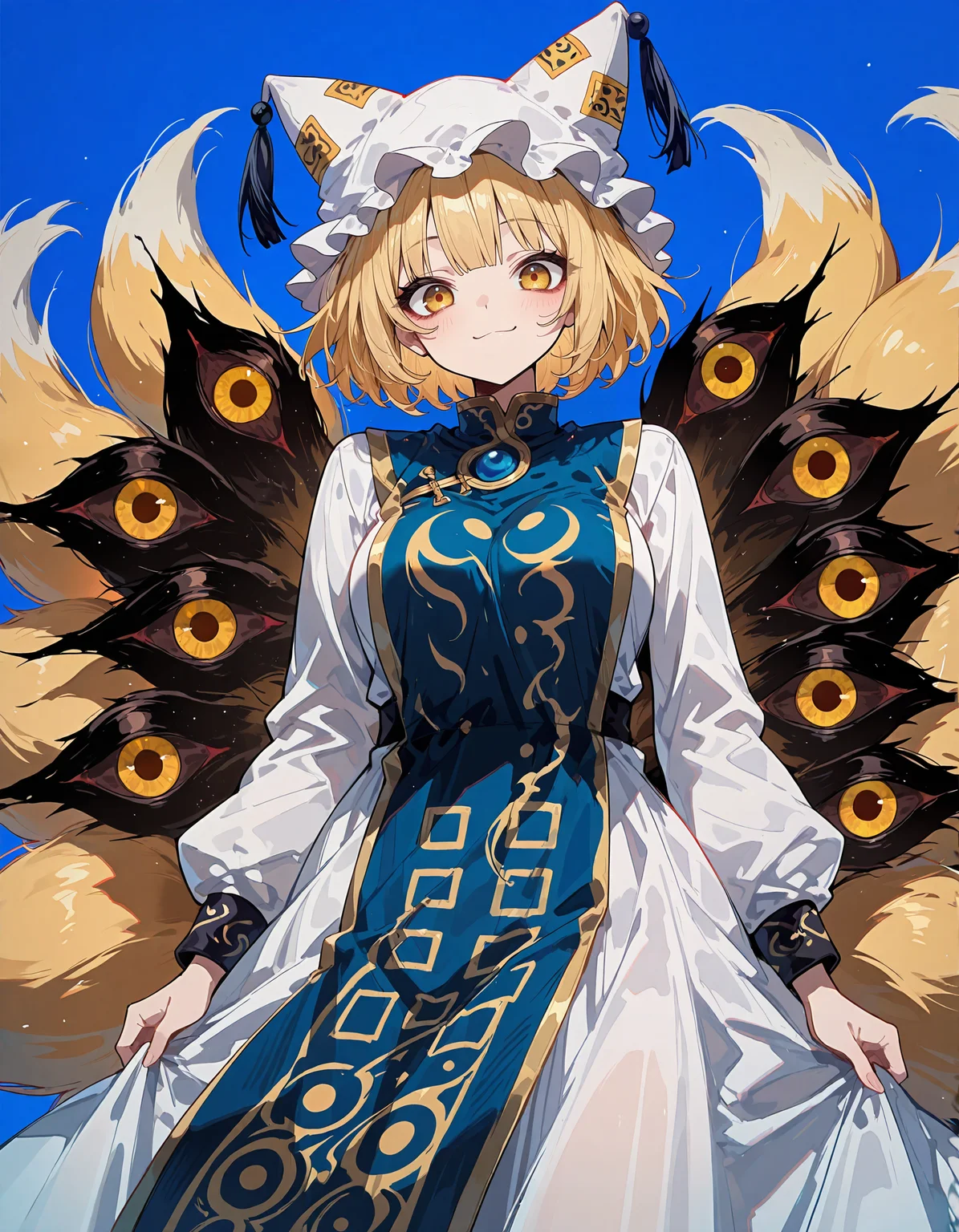 masterpiece, newest, incredibly absurdres, highres, <lora:3Y3S_style:1>,3Y3S_illu,extra eyes, 1girl, solo, blonde hair, hat, fox tail, tail, multiple tails, short hair, dress, white dress, pillow hat, looking at viewer, smile, yellow eyes, blue background, tabard, long sleeves, white headwear, simple background, bangs