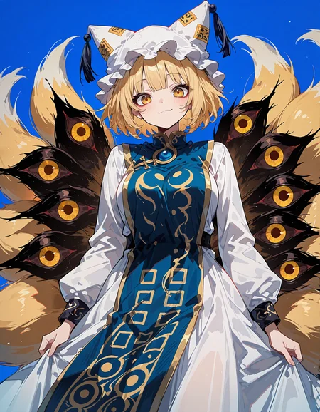 masterpiece, newest, incredibly absurdres, highres, <lora:3Y3S_style:1>,3Y3S_illu,extra eyes, 1girl, solo, blonde hair, hat, fox tail, tail, multiple tails, short hair, dress, white dress, pillow hat, looking at viewer, smile, yellow eyes, blue background, tabard, long sleeves, white headwear, simple background, bangs