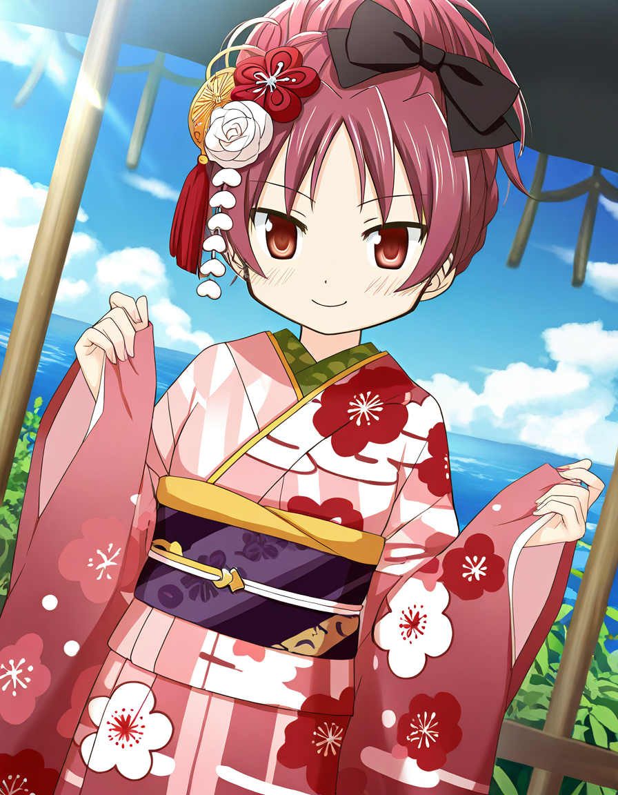 masterpiece, best quality, newest, absurdres, highres, safe, 1girl, sakura kyoko \(haregi costume\), magia record: mahou shoujo madoka magica gaiden, smile, solo, day, outdoors, dutch angle, <lora:sakura_kyoko_noobaiXLNAIXL_vPred10Version:0.7>
