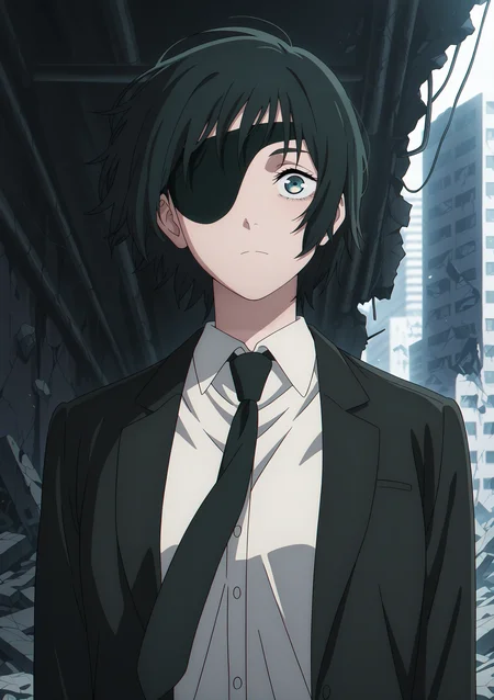volumetric lighting, official style, amazing quality, ultra detailed, highres, detailed background,anime coloring, (anime screencap) masterpiece, detailed face,1girl <lora:Himeno__:0.8>Himeno, eyepatch, necktie, formal, suit, black hair, shirt, black necktie, solo, short hair, white shirt, collared shirt, destroyed city, floating hair, jacket, black jacket, turquoise eyes
