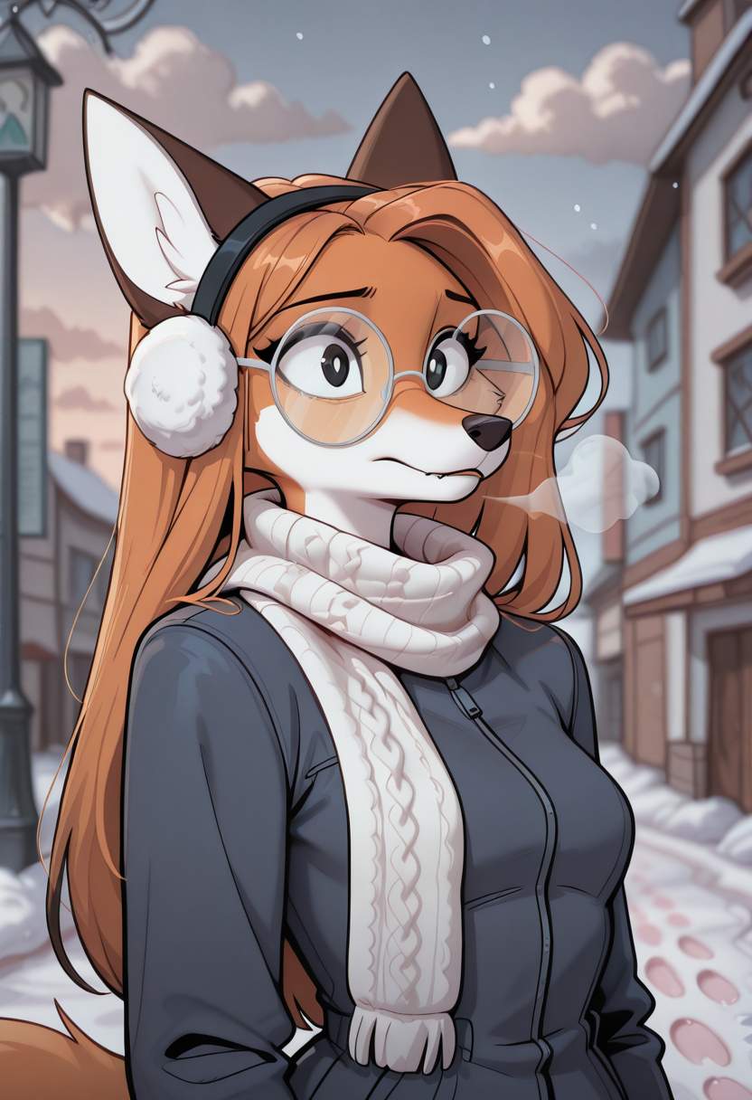 , furry_female, anthro, orange fur, white fur, two_tone_fur, puffer jacket, knit scarf, gloves, earmuffs, 1girl, half body, walking on snowy street, snow falling, visible breath, cloudy sky, soft lighting, footprints in snow, winter background, cold weather, otserey, fox girl, small breasts, dot_pupils, dot eyes, white_eyewear, white glasses, white-framed_eyewear, round glasses, very awa, masterpiece,best quality,newest, absurdres, detailed background, detailed hair, depth of field, detailed skin,very aesthetic, ultra-detailed, OverallDetailXL, aged up, BREAK,