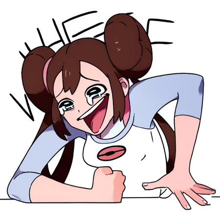Score_8_up, score_7_up, source_anime, full color art, pokemon_bw2, 1girl, Rosa_(Pokemon), Wheeze, open mouth, tears, laughing,hand on table, english text, clenched hand