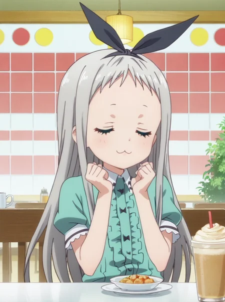 detailed background, shiny skin,
<lora:hideri.pony:1>
hideri, 
closed eyes, greeting, 
cafe,