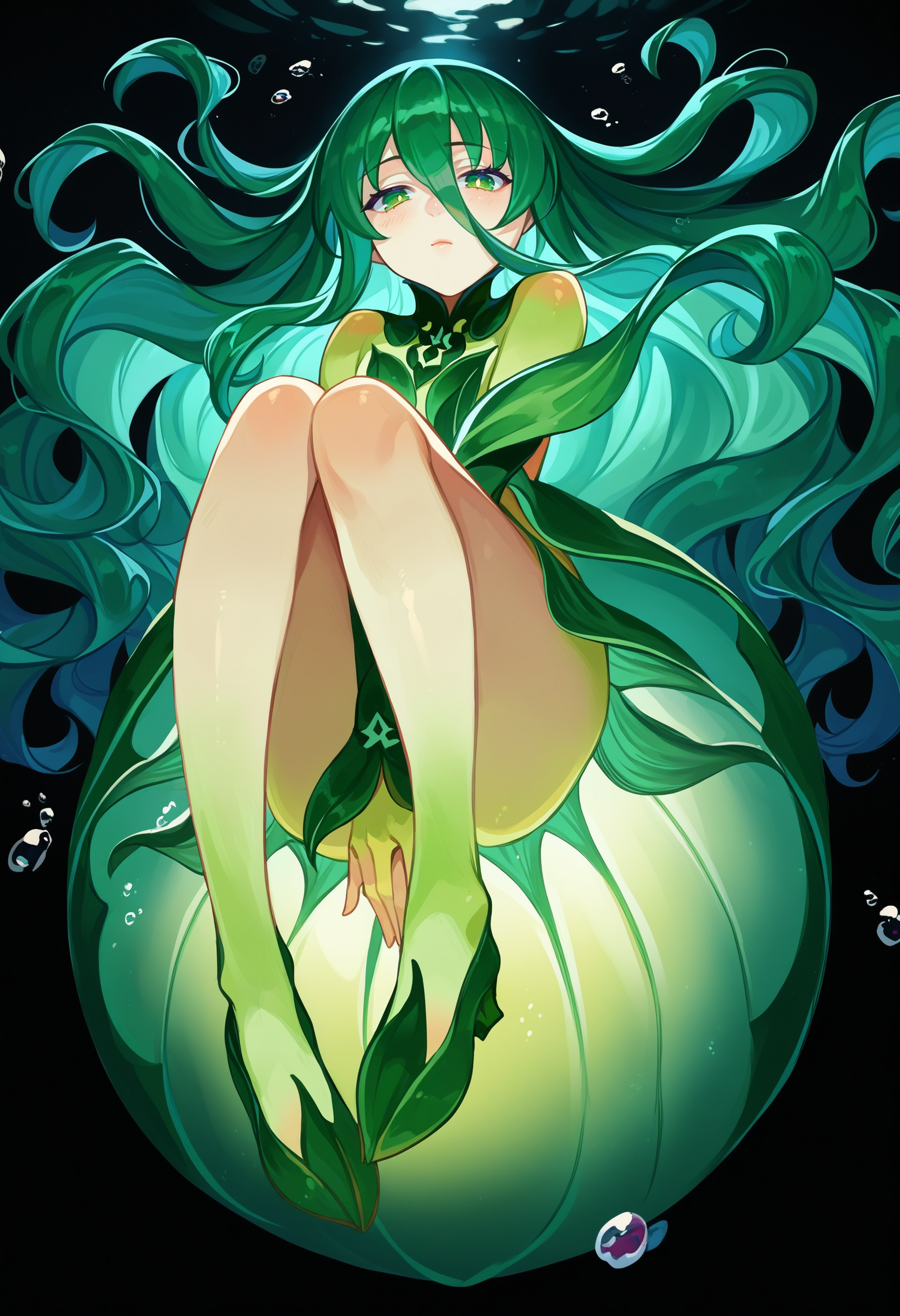 score_9, score_8_up, score_7_up, score_6_up, source anime,
flow kelp, 1girl, :o, absurdres, bare legs, blush, colored skin, full body, green eyes, green hair, green skin, green theme, groin, hair between eyes, long hair, looking at viewer, monster girl, monster girl encyclopedia, official art, open mouth, pale skin, parted lips, plant girl, solo, very long hair, wavy hair, underwater, close-up, from below, knees up, hand between legs, floating, bioluminescence, night, black background
<lora:monmusu_plant_girl_v11:1>