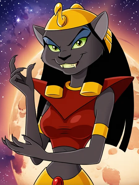 toon \(style\),ultra high quality,ultra high resolution,ultra ,full body, seductive, very realistic,(extremely detailed), detailed background,,(masterpiece, best quality, high quality, highres, ultra-detailed), ,long legs,  ,teeth,perfect mouth,perfect smile, evil smile, <lora:Mirage_Aladdin:0.9> mirage, anthro, cat, golden hair accessoire, golden egyptian hat, flat colors, cartoon, grey fur, golden belt, clawed hands, green eyes, black hair, slim, red top, golden cuffs, small waist, fangs, looking at viewer,portrait,cosmic background,upper body,(menacing:1.3),chaotic background,evil,evil looking;big breasts,