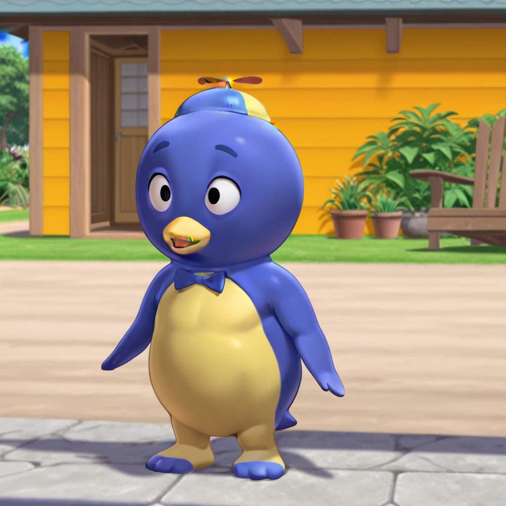 masterpiece, best quality, amazing quality, PabloByil, anthro, male, penguin, blue skin, black eyes,blue bowtie, propeller hat, standing, backyard, solo, , <lora:755c43f3-44ba-437e-b27a-ad864d05c796:0.8>