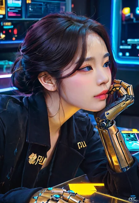score_9,score_8_up,score_7_up, A close-up portrait of a slender woman with sleek, black cybernetic arms accented with glowing gold circuitry. Her dark hair is styled into an elegant updo, adorned with small gold ornaments that shimmer faintly. She wears a futuristic, high-collared black jacket with gold trim, her metallic arms resting gracefully on the table in front of her. The background is a deep black void, with faint golden holographic patterns swirling around her, creating a regal, sophisticated atmosphere. Her serene expression radiates power and authority, krgrl, korean girl, cute korean girl, korean makeup, korean eyes