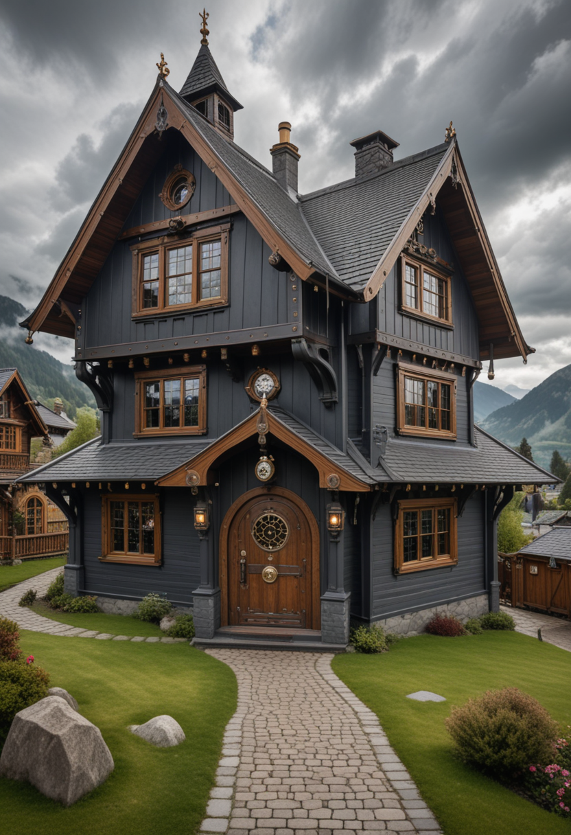 (medium full shot) of (grand dark grey steampunk house) with riveted metal panels, gabled roof, stained glass windows, arched wooden door with brass knocker, steam pipes and valves, located in  a tranquil mountain village, with wooden chalets, winding paths, and scenic vistas, under a cloudy sky, Masterpiece,best quality, photo, realistic, very aesthetic,