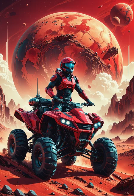 Retro futuristic image, Quad riding on red planet, sharp, high detailed<lora:xl_more_art-full_v1:0.3> <lora:Futuristic_Retro_Vibes:0.5>