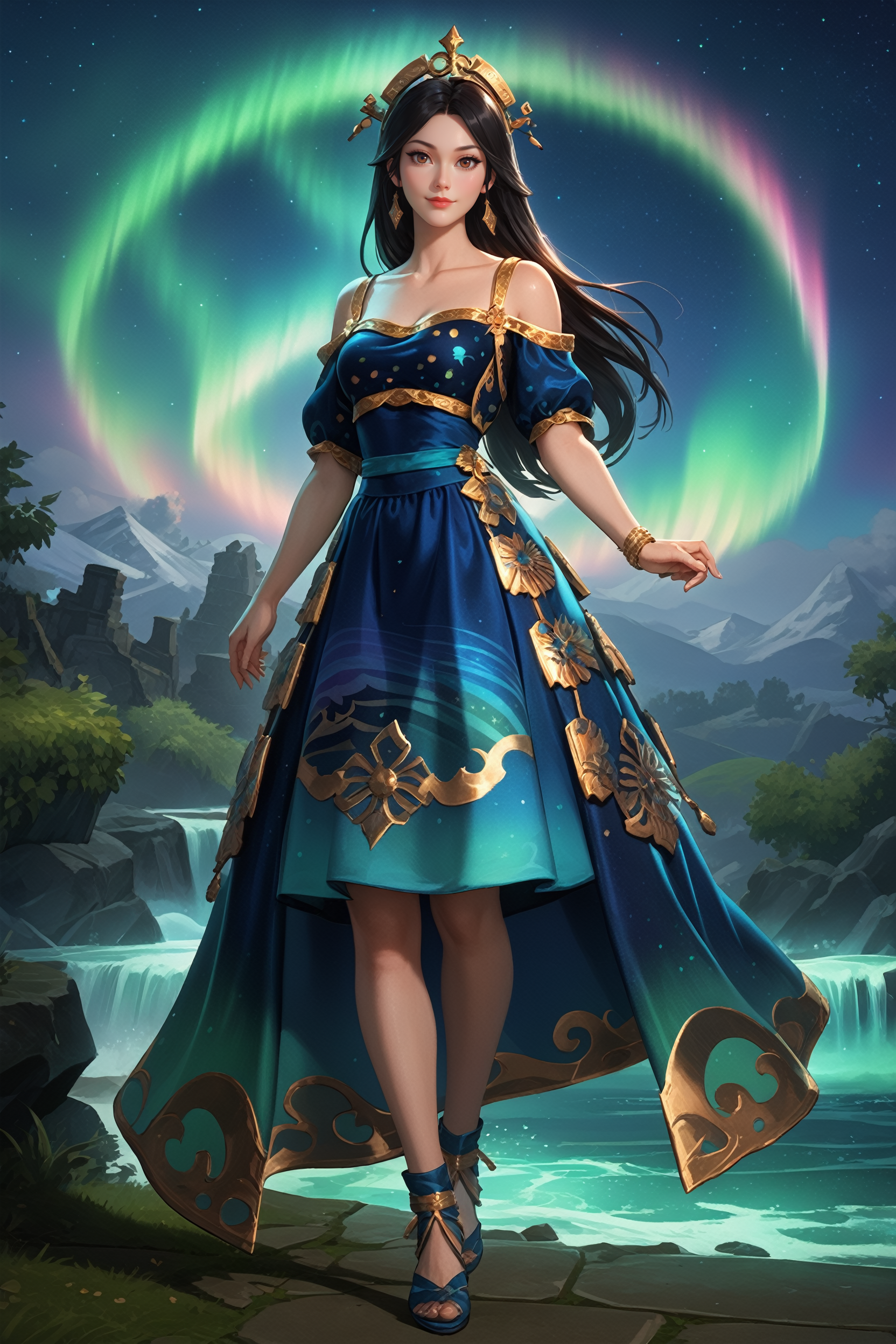 score_9, score_8_up, score_7_up, score_6_up
<lora:SAmaterasu:0.8>
SAmaterasu, 1girl, black hair, long hair, brown eyes, headpiece, looking at viewer, glowing sky over shoulders, aurora borealis pattern dress, aurora on dress, aurora, starry sky, night, collarbone, background blur, full body, smile