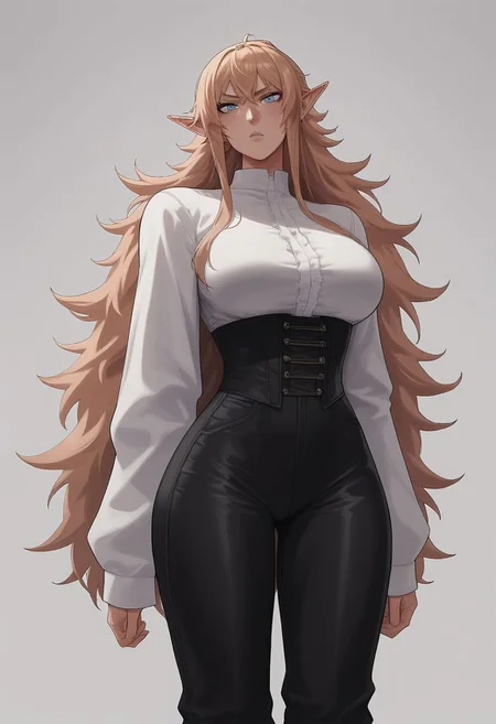 score_9, score_8_up, score_8, rating_explicit,
Tanya Degurechaff, tall, slim body, long hair, high ponytail, voluminous ponytail, bangs, strawberry blonde hair, big blue eyes, pale skin, big breasts, rounded breasts, white Lace-up peasant shirt, shirt with long oversized sleeves, corset, black riding pants, toned legs, wide hips, long elf ears,leather boots above the knee,