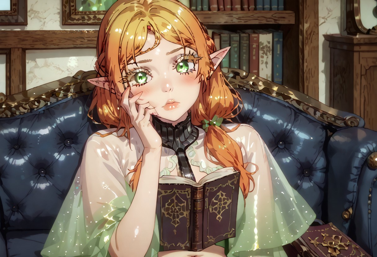 score_9, score_8_up, score_7_up, score_6_up, shiny, shiny skin, shiny hair, 8k, masterpiece, absurdes, highly detailed, highres, high quality, best quality, anime screencap, anime coloring, 
elf, ccc, elf, ccc,
SARKSTYLE
Medieval living room, medieval couch, transparent clothing,  transparent clothes, visible navel, visible boobs,
Sitting on couch, leaning on couch, reading book, looking at book, right hand on cheek, blush, lips parted, upper body focus