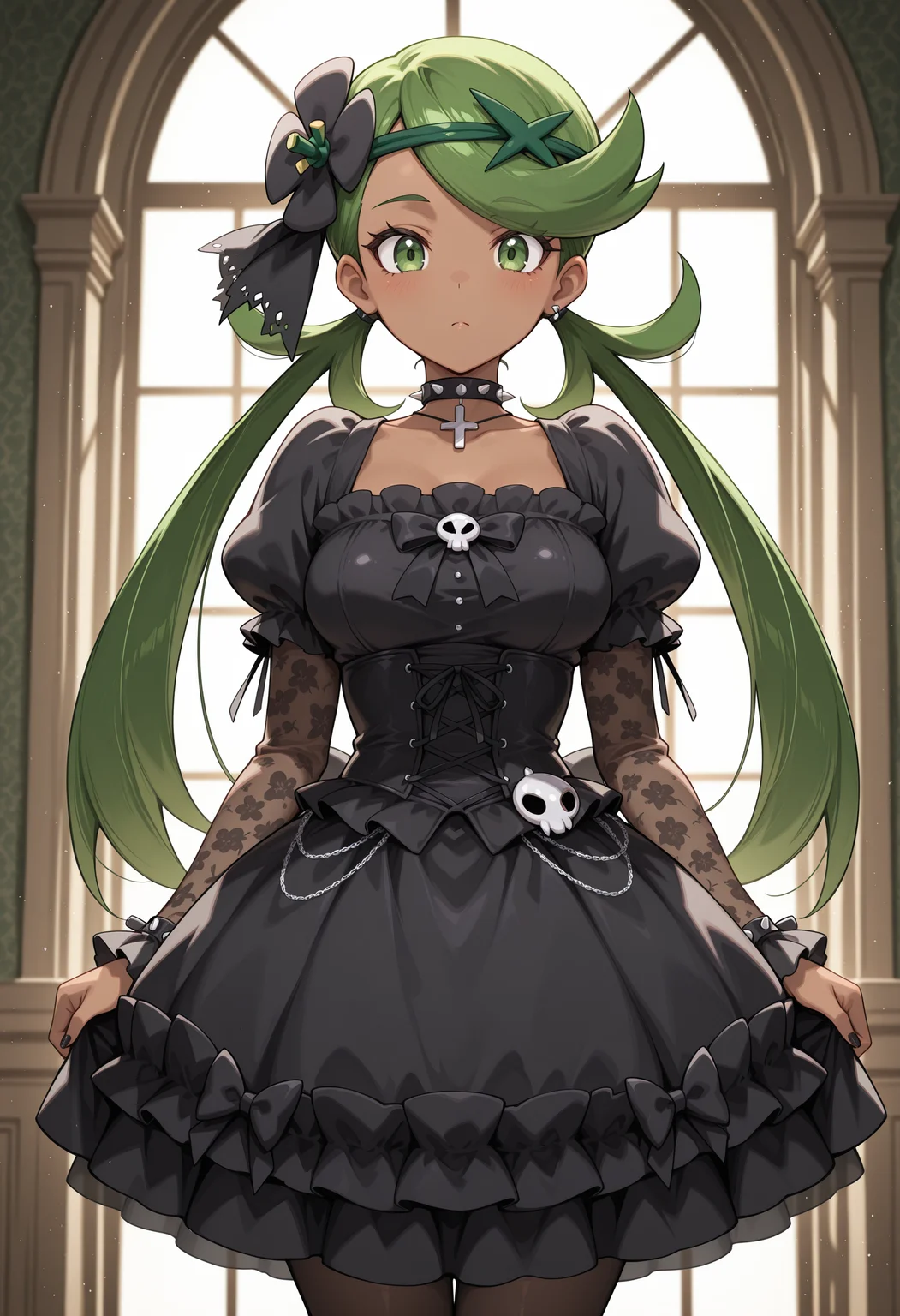 anime, masterpiece, best quality, detailed background, 8k,  <lora:gothgirl:1>, goth girl, goth fashion, 1girl, mallow (pokemon), choker,