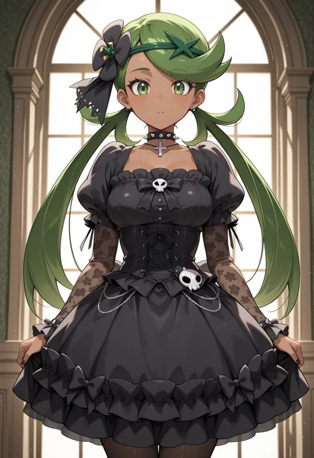 anime, masterpiece, best quality, detailed background, 8k,  <lora:gothgirl:1>, goth girl, goth fashion, 1girl, mallow (pokemon), choker,