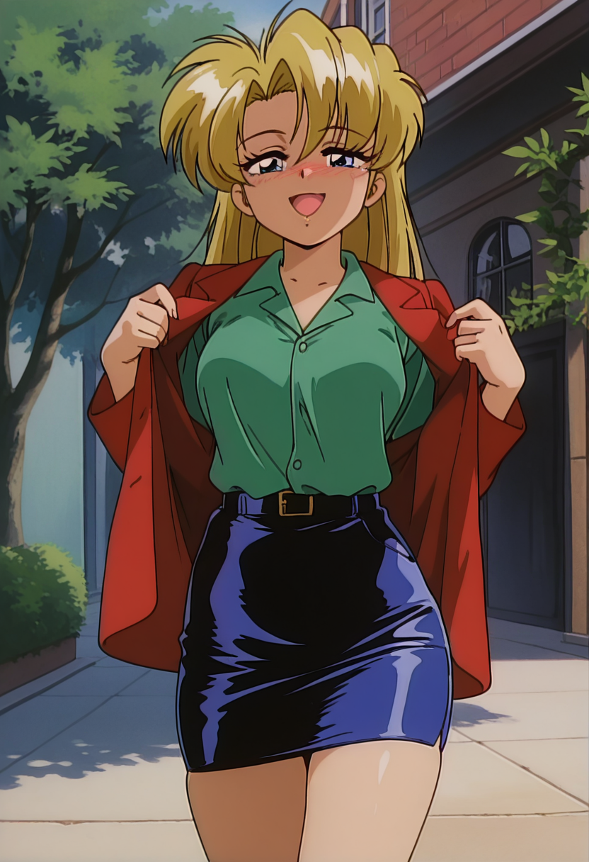 masterpiece, best quality, amazing quality, absurdres, retro artstyle, 1girl, solo, retro artstyle, mayakaww, blue eyes, blonde hair, long hair, medium breasts, red jacket, green collared shirt, pencil skirt, <lora:Mayaka_Nageki_no_Kenkou_Yuuryouji_ill_v11:0.9>, standing, lifting own clothes, clothes lift, nose blush, seductive smile, open mouth, looking at viewer, outdoors, skindentation, detailed clothing folds, depth of field, sharp, high contrast, dynamic light