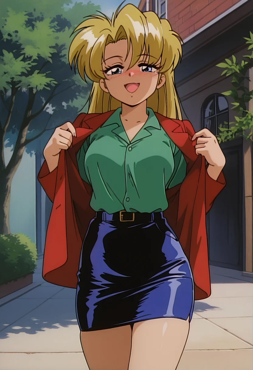 masterpiece, best quality, amazing quality, absurdres, retro artstyle, 1girl, solo, retro artstyle, mayakaww, blue eyes, blonde hair, long hair, medium breasts, red jacket, green collared shirt, pencil skirt, <lora:Mayaka_Nageki_no_Kenkou_Yuuryouji_ill_v11:0.9>, standing, lifting own clothes, clothes lift, nose blush, seductive smile, open mouth, looking at viewer, outdoors, skindentation, detailed clothing folds, depth of field, sharp, high contrast, dynamic light