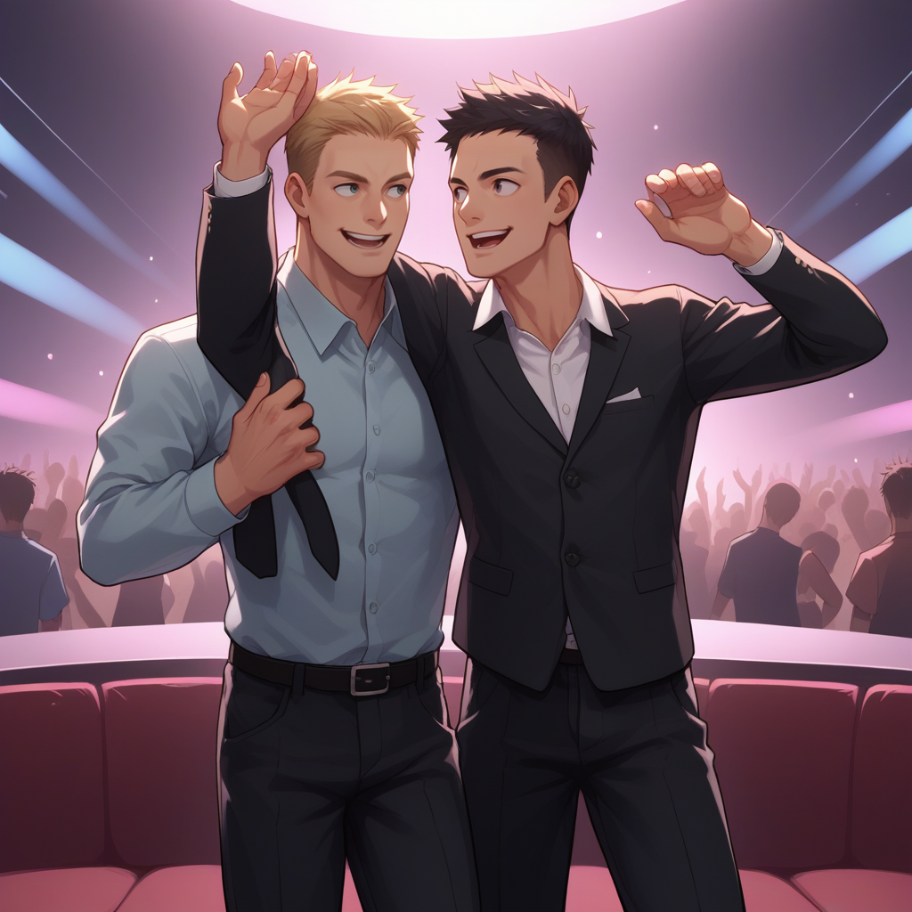 score_9, score_8_up, score_7_up, score_6_up, score_5_up, score_4_up, zPDXL2,source_anime,rating_questionable, 2boys, posing, dancing, looking away, cowboy shot, close up, smile, <lora:Nightclub_Rave:0.8> n1ghtrav3, crowd, nightclub, crowded,