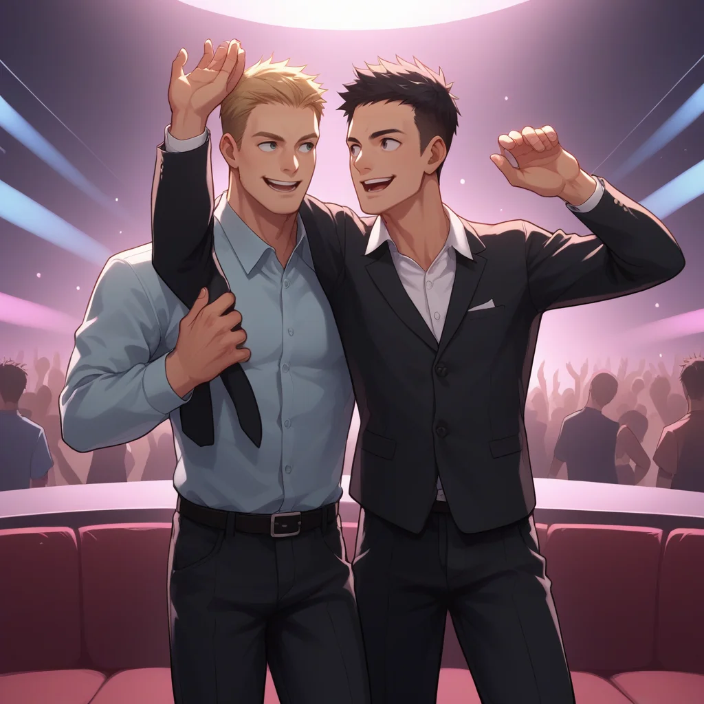 score_9, score_8_up, score_7_up, score_6_up, score_5_up, score_4_up, zPDXL2,source_anime,rating_questionable, 2boys, posing, dancing, looking away, cowboy shot, close up, smile, <lora:Nightclub_Rave:0.8> n1ghtrav3, crowd, nightclub, crowded,