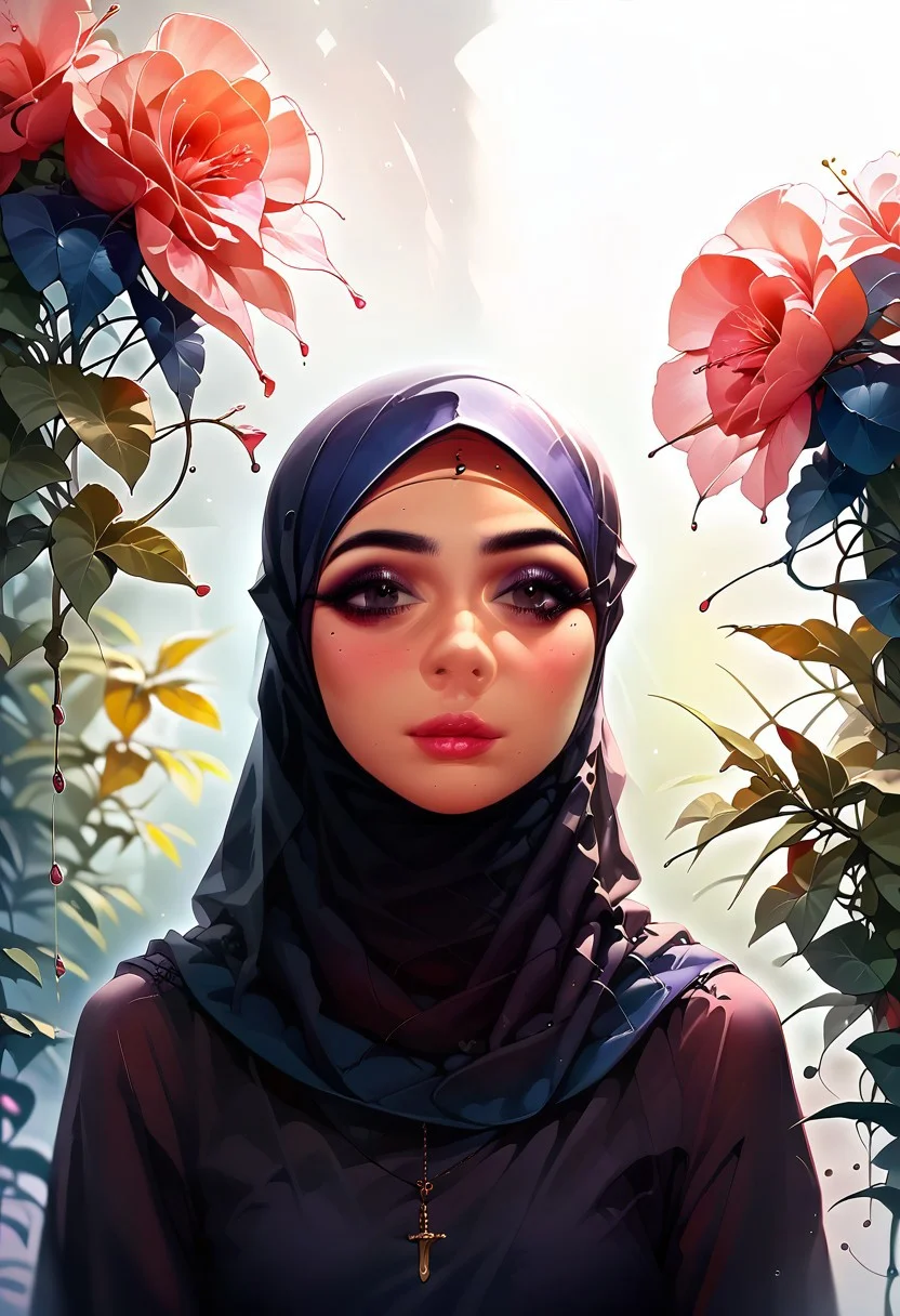 score_9, score_8_up, score_7_up, score_6_up, solo, 1girl, long hair, plant, flower, (ultra HD quality details), wearing a hijab, fashionable hijab, hijab,