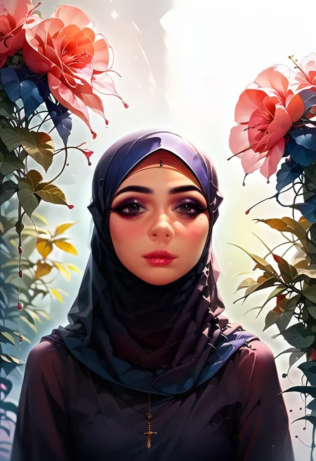 score_9, score_8_up, score_7_up, score_6_up, solo, 1girl, long hair, plant, flower, (ultra HD quality details), wearing a hijab, fashionable hijab, hijab,