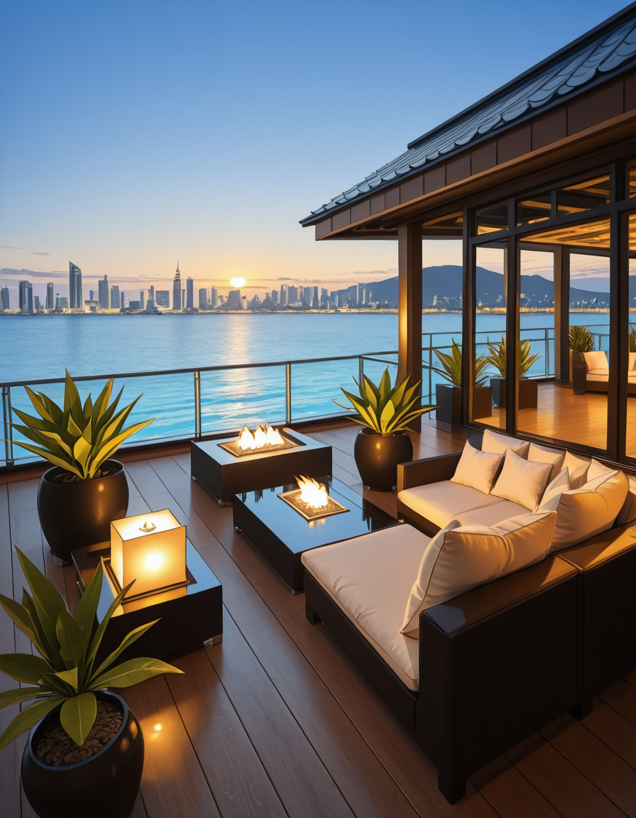 A breathtaking photo of a luxurious private rooftop at sunset, designed in a modern and elegant architectural style. The rooftop features a large infinity pool with crystal-clear water reflecting the warm golden hues of the sky. Surrounding the pool are plush, oversized lounge chairs with soft white cushions, neatly arranged under stylish wooden pergolas with flowing white curtains. In the background, a panoramic city skyline with shimmering skyscrapers stretches across the horizon. Ambient string lights hang delicately overhead, casting a soft, romantic glow. A chic outdoor bar with marble countertops is positioned on one side, decorated with fresh tropical plants and golden lanterns. The atmosphere feels serene and exclusive, with subtle reflections on the polished wooden floor. The lighting is a perfect mix of natural sunset tones and ambient soft white lights. The overall mood is peaceful, sophisticated, and inviting, ideal for an elite gathering or private escape.
<lora:SDXLFaeTastic2400:0.4> <lora:extremely_detailed:0.4> extremely detailed, <lora:luxurious_pr1v4t3_r00ft0p-i:1>,luxurious pr1v4t3 r00ft0p, Masterpiece,best quality,hi res,8k,hi res,8k,award winning,(sharp focus, intricate, highly detailed),