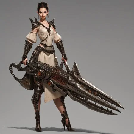 score_9, score_8_up, score_7_up, rating_safe, concept art, semi-realistic, 1girl, solo.
Young beautiful face, fit body,
HHWeapon, Holding weapon, Huge weapon,
Holding weapon with two hands.
Simple background.
