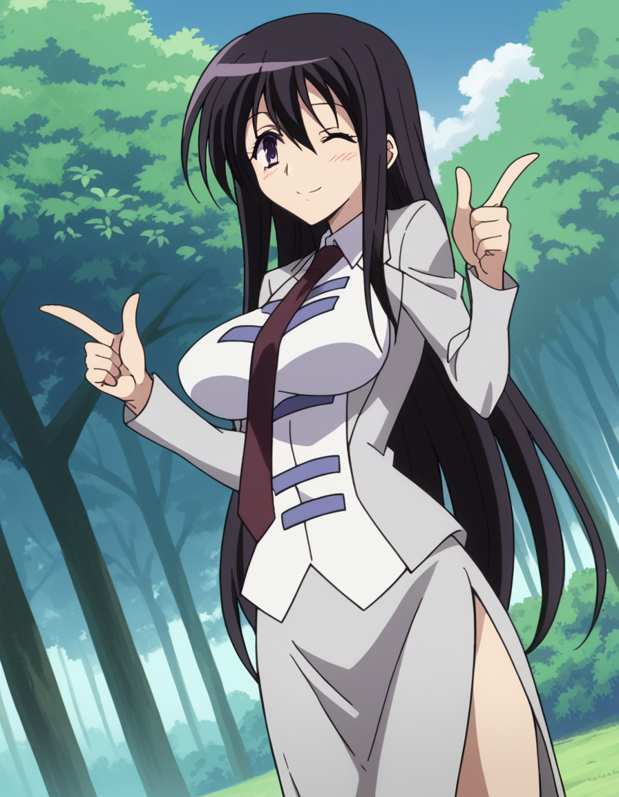 score_9, score_8_up, score_7_up, source_anime, <lora:kyouko-sonan-s1-ponyxl-lora-nochekaiser:1>, kyouko sonan, long hair, black hair, purple eyes, hair between eyes, sidelocks, anime screencap,, skirt, long sleeves, uniform, side slit, skirt suit, necktie, large breasts,, Natural settings, trees, rivers, sunlight, wildlife, , <lora:double-finger-gun-ponyxl-lora-nochekaiser:1>, double finger gun,, blush, smile, one eye closed, from side, looking at viewer, solo,, dutch angle, cowboy shot