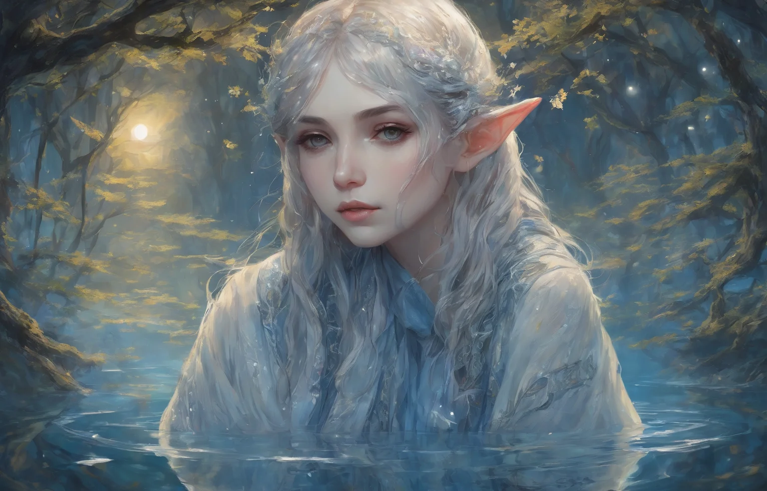 (1 deep bule robe female elf:1.3), beautiful cute, ultra detailed long fibers, ultra detailed background,
translucent layers, fluid textures, subtle hues, organic forms, playful imagery, blue and white expression
BREAK
, walking on Clear water surface, a mirror make ripples, surrounded by twinkle trees, night, perfect moon light, (close up:1.2)