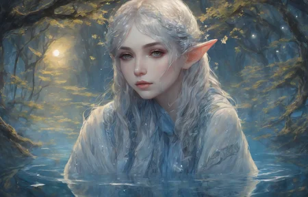 (1 deep bule robe female elf:1.3), beautiful cute, ultra detailed long fibers, ultra detailed background,
translucent layers, fluid textures, subtle hues, organic forms, playful imagery, blue and white expression
BREAK
, walking on Clear water surface, a mirror make ripples, surrounded by twinkle trees, night, perfect moon light, (close up:1.2)