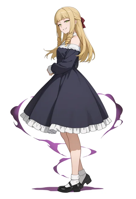 Smooth Quality,masterpiece,very intricate, high quality details, ultra realistic, high detailed skin,detailed enviorement,absurdres,
simple background, white background,
evil smile, sharp grin, narrowed eyes, ominous aura, slightly tilted head,,from side,
off-shoulder blouse,  ,bolero jacket,  ,frilled skirt,, <lora:Fiatoio_Annacnn:0.7> fannacnn, 1girl, blonde hair, green eyes, long hair, blunt bangs, sidelocks, drill hair, mary janes,
