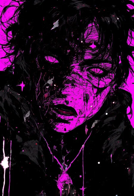 A close-up, artistic portrait of a mysterious character with wild, disheveled black hair obscuring parts of their face. One eye is vividly glowing in an intense magenta hue, radiating with a subtle, ethereal energy that contrasts against the darker tones. The expression is a mix of sorrow and menace, with an open mouth hinting at emotional turmoil. The artwork features glitch effects and digital distortions, creating an otherworldly, fragmented aesthetic. The style is bold, with heavy black ink strokes and high contrast, accentuated by abstract visual noise and scratches, emphasizing a chaotic, digital dystopian theme. bo-abyss