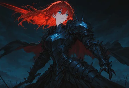 (masterpiece), (best quality), (ultra-detailed), amazing quality, very aesthetic, illustration, newest, upper body, colorful, vibrant, looking to the side, (oil painting:1.1), cinematic lighting, <lora:Avarice:1>, edgeofavarice, avarice, glowing blue runes, dark fantasy,
1girl, solo, cape, long sleeves, faulds, black and blue armor, spiked armor, spiked gauntlets, full_armor, large_breats, wide_hips, full_plate_armor, no helmet, two-colored hair black and blue, beautiful face, eyes, blue eyes,  black_armor, spiked_shoulders, clawed_gauntlets, cursed_emblem, segmented_faulds, tattered_cape, aura_of_dread, intimidating_presence, hellish_glow, massive_blade, battlefield_setting, heavy_armor, red hair
