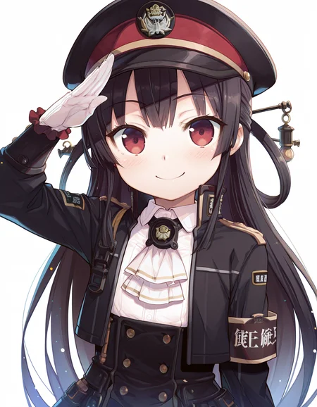 1girl,solo,hachiroku,black hair,straight_hair,black jacket,peaked cap,long sleeves,black headwear,armband,white gloves,open jacket,white shirt,white ascot,hair ornament,hair stick,upper body,
smile,blush,salute,simple background,white background,
looking at viewer,front view,
masterpiece,best quality,high quality,very aesthetic,shiny skin,absurdres,<lora:Hachiroku_Maitetsu_for_Illustrious:1>,<lora:StS_Age_Slider_Illustrious_v1:-5>,<lora:illustrious_best_quality_v1:0.6>,Smooth Quality,