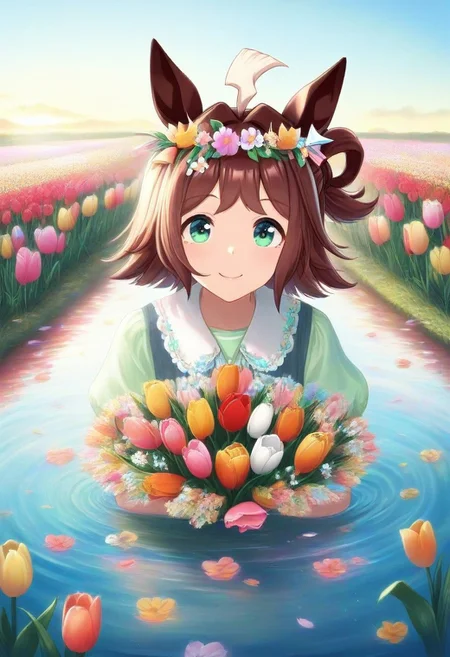 (umamusume, rhein_kraft_(umamusume), horse_ears, horse_girl, tail, 1girl, ahoge, animal_ears,)
casual, Tulip,Tulip flower, Tulip flower_field,
head_wreath, looking_at_viewer, solo, aesthetic, absurdres, symmetric , , g0ldsw0rthy,
(realistic, photo, artistic, medium_hair, one_eye_closed, petals, relaxing, smile, spiralling vortex made of multicoloured tulips, lush foliage sunrise, ripples, reflective, jaynl-tm, rainbow,green_eyes, hair_between_eyes, hair_ornament, : 0.7)