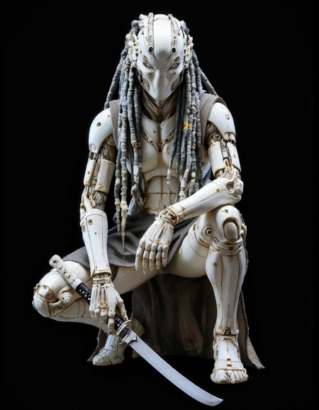 SentinelBot. A photo-realistic CGI image of a humanoid robot from the movie "Predator," shot from a front camera angle, showcasing a highly detailed and realistic representation of the robot. the robot, positioned in the middle of the image, is kneeling with its knees bent and holding a katana in its right hand. it has a sleek, metallic body with intricate mechanical details, including a large, silver-colored helmet with a segmented face, and long, grey dreadlocks that cascade down its back. The robot's eyes are closed, and its expression is neutral. the background is a solid black color, providing a stark contrast to the robot's white and silver color scheme, making it stand out against the dark background. the image is high quality and has a realistic style, with smooth textures and detailed features that make it look like a real-life, humanoid robot. <lora:The_Vanguard:1>