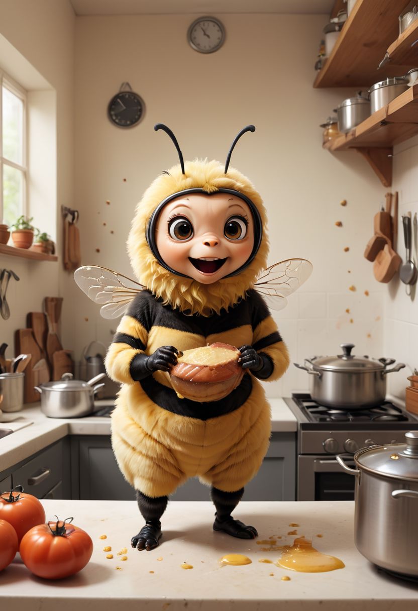 A cute bee in the kitchen cooking food