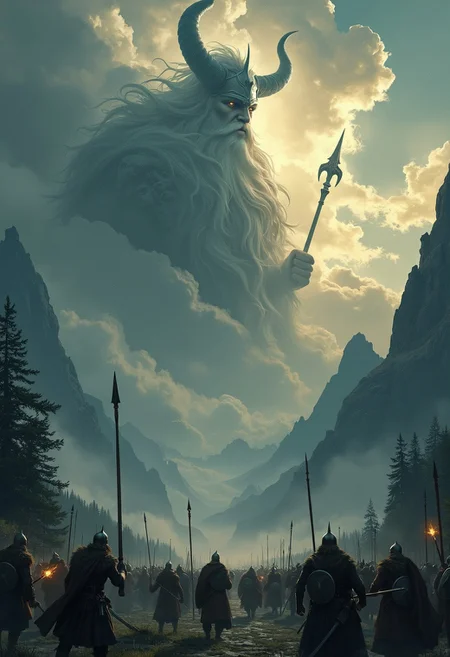 "A dramatic sky filled with swirling clouds, where the faint yet unmistakable outline of Odin, the Allfather, takes shape. His form is massive and ethereal, with a flowing beard and a single, piercing eye glowing like a distant star. The clouds twist to form his horned helmet and the mighty spear Gungnir, held aloft as he gazes down upon the battlefield below. Beneath him, Viking warriors clash in a fierce battle, their shields and swords glinting in the dim light. The landscape is rugged, with mountains and dark forests framing the scene. Odin's presence in the sky adds an ominous, divine energy to the chaos below, as if he is both guiding and judging the warriors' fate. The atmosphere is charged with the power of the gods and the ferocity of the Viking spirit."