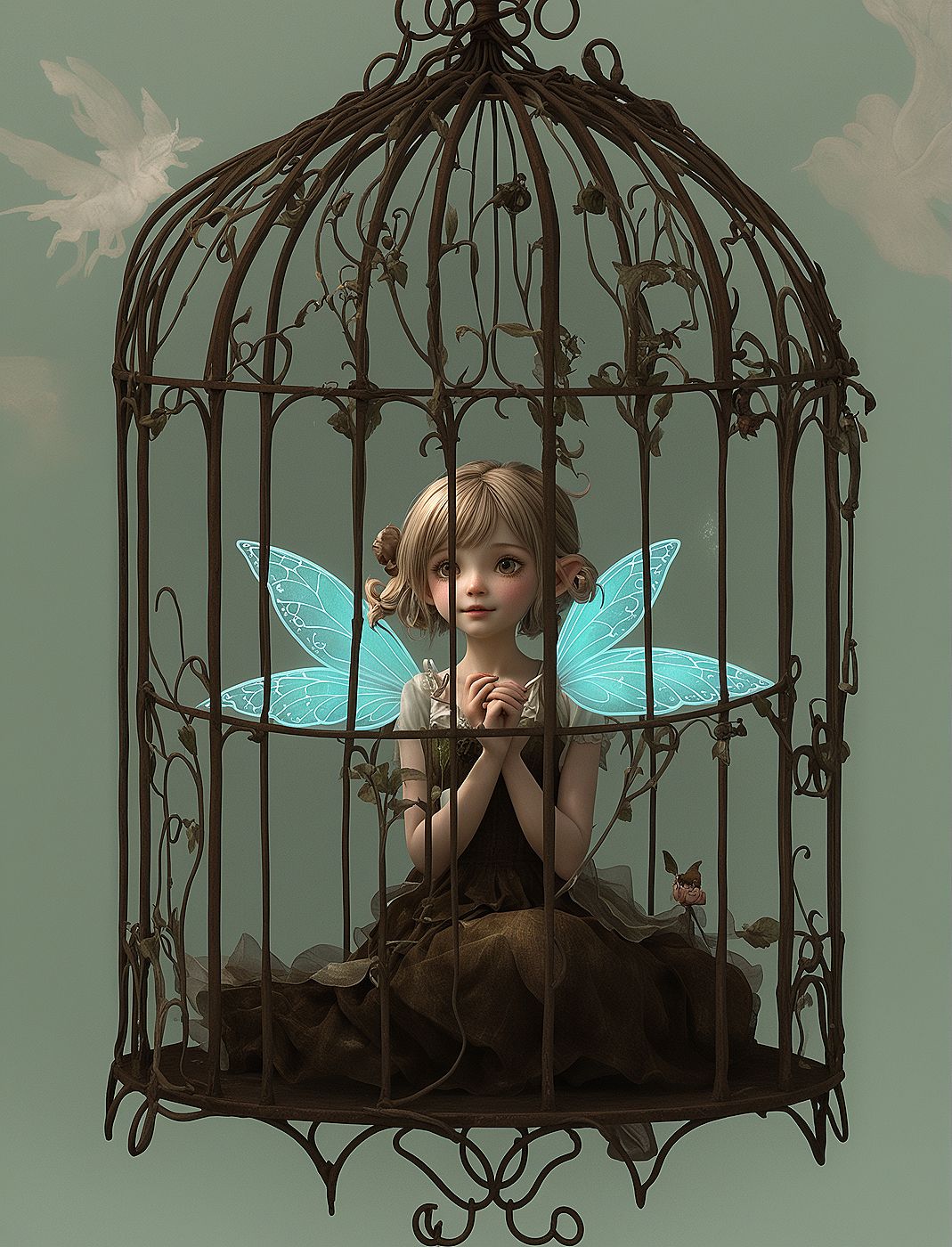 at grandmas house, ugly brown wallpaper and pictures on the walls. a hanging swinging birdcage, ugly rusted birdcage is hanging by a chain. fey, cute fairy is locked  inside of a bird cage, a fairy with gossamer wings, angry fairy rattling cage bars, full length fairy inside of the cage, fairy is only half as tall as the cage, faity is banging her thimble against the inside bars of the cage (little fairy is inside of birdcage) - small little fairy locked inside of cage, fairy is behind bars