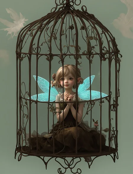 at grandmas house, ugly brown wallpaper and pictures on the walls. a hanging swinging birdcage, ugly rusted birdcage is hanging by a chain. fey, cute fairy is locked  inside of a bird cage, a fairy with gossamer wings, angry fairy rattling cage bars, full length fairy inside of the cage, fairy is only half as tall as the cage, faity is banging her thimble against the inside bars of the cage (little fairy is inside of birdcage) - small little fairy locked inside of cage, fairy is behind bars