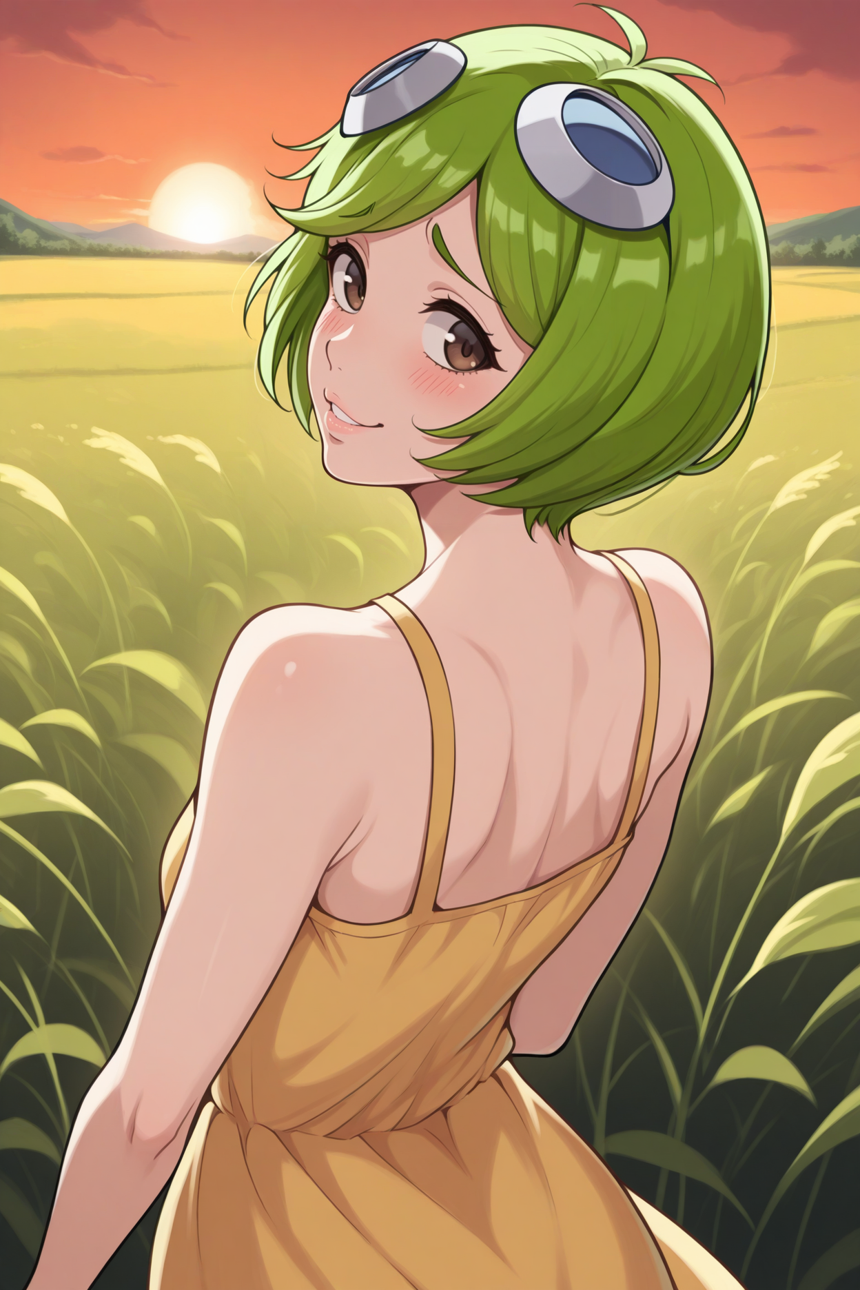 masterpiece, best quality, 1girl, solo <lora:kunamashiro-illu-nvwls-v1:1> knmshir, green hair, short hair, brown eyes, lips, blue goggles on head, smile, blush, furrowed brow, yellow sundress, from behind, looking back, field, sunset
