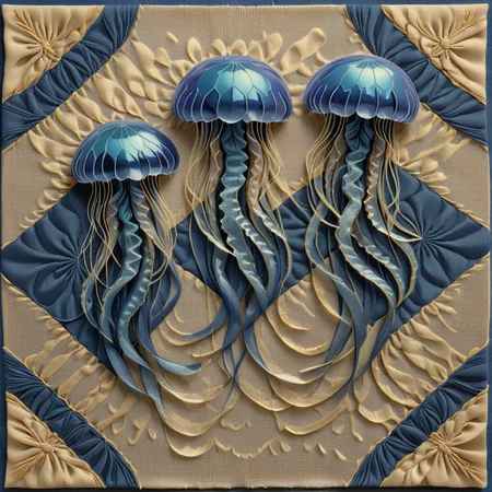 geometric animal print, jellyfish, parallelograms, charcoal, burlap, baroque style, Radial Layout, shades of indigo, honeycomb pattern, chromatic aberration effect, embroidery accents, tiled, fabric weave texture, iridescent finish <lora:artfully_ETHEREAL-GEOMETRIC-FLORAL-FUSION:1>,