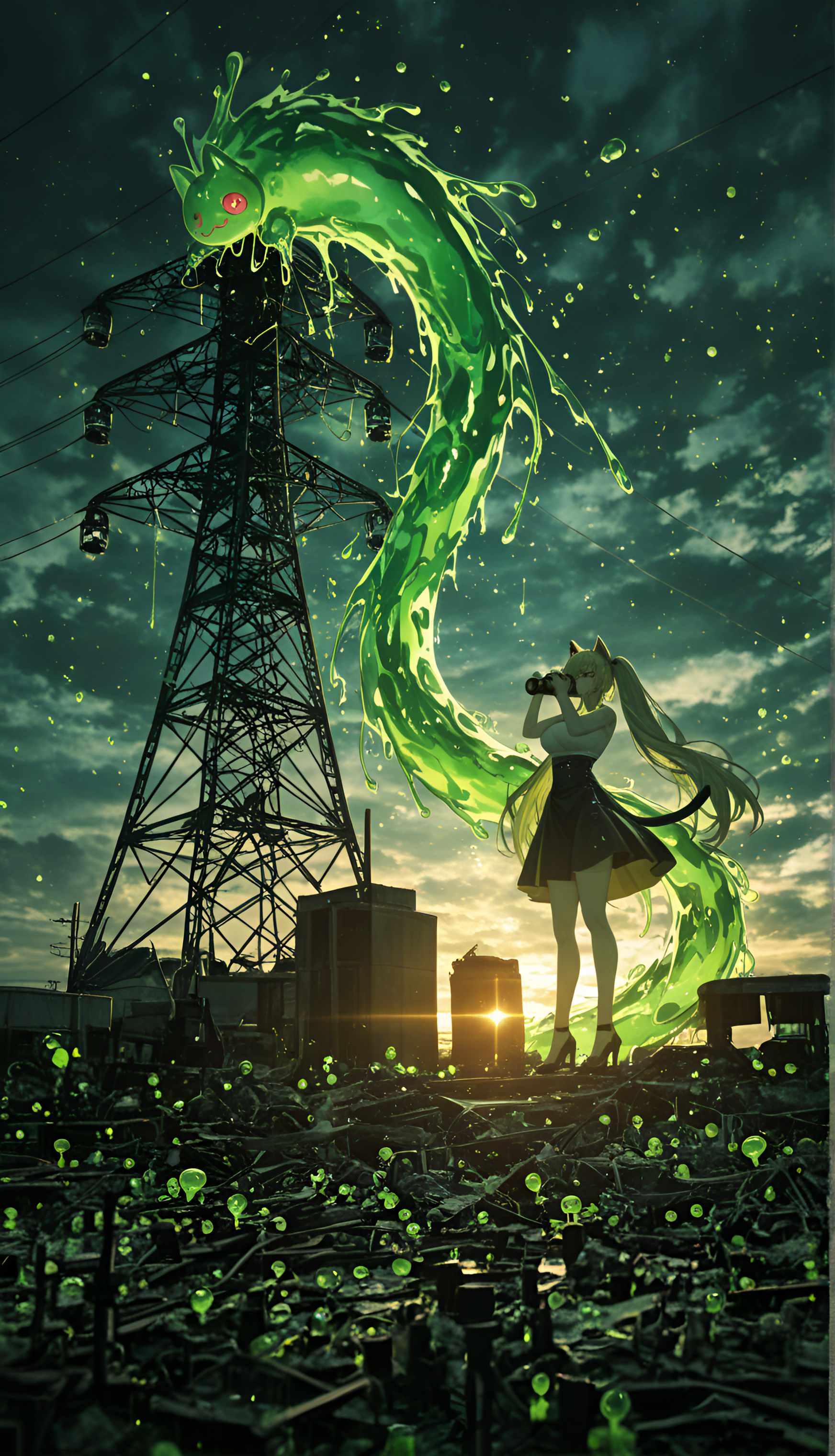 nail_polish, very aesthetic, ArsMJStyle, view looking up., large breasts, RTX, slime_(creature), amazing quality, Leila Malcal (Code Geass), Paladin (Oathbreaker), absurdres, anime character, motion_lines:1.1, 1girl, ambient occlusion, crop_top, Analogous Colors Theme, long hair, Electrical transmission tower base, steel lattice structure, heels, low contrast, blurry foreground, absolutely eye-catching, twin tails, depth of field, ultra-detailed, long_nails, hanging breasts, newest, cloudy, masterpiece, miniature world, high-waist_skirt, Chunky highlight streaks, slime_(creature), motion_blur:1.1, 8K, close-up face, 1boy, Standing with hands forming binoculars, cat_ears, pale skin, best quality