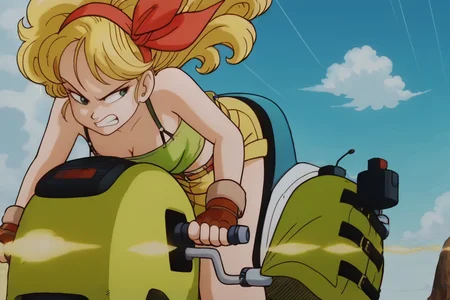 source_anime, score_9, score_8_up, score_7_up, anime screencap,
high quality, launch bad,
1girl, blonde hair, shorts, solo, fingerless gloves, clenched teeth, green crop top, sky, ground vehicle, curly hair, cloud, motor vehicle, teeth, breasts, long hair, red hairband, midriff, short shorts, yellow shorts, v-shaped eyebrows, looking back, from front position, floating hair
 <lora:launch_pony_v1.0:0.8>