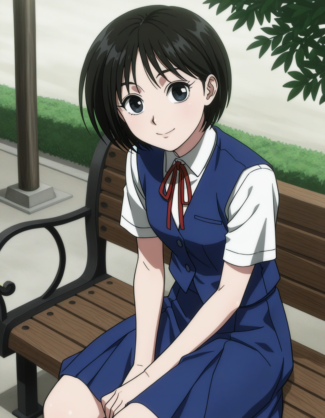 1girl, solo, nakamura asako, black hair, short hair, bob cut, black eyes, smile, school uniform, neck ribbon, blue vest, white collared shirt, short sleeves, blue skirt, looking at viewer, sitting on bench, wooden bench, outdoors, summer, light theme <lora:nakamura_asako_ilxl_v1:0.7>
