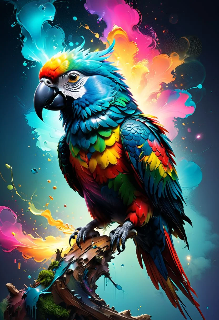 Splashes of multicolored paint blending together forming the perfect silhouette of a colorful parrot, Ara Macao, perched on a twig, while neon particles of mysterious light shine on a smooth gradient smoky background, abstract, glitch, wlop, trending on artstation, sharp focus, studio photo, intricate details, highly detailed, by greg rutkowski and Francis bacon, vibrant color, high octane render, (photorealistic:1.3), highest quality, detailed and intricate, original shot